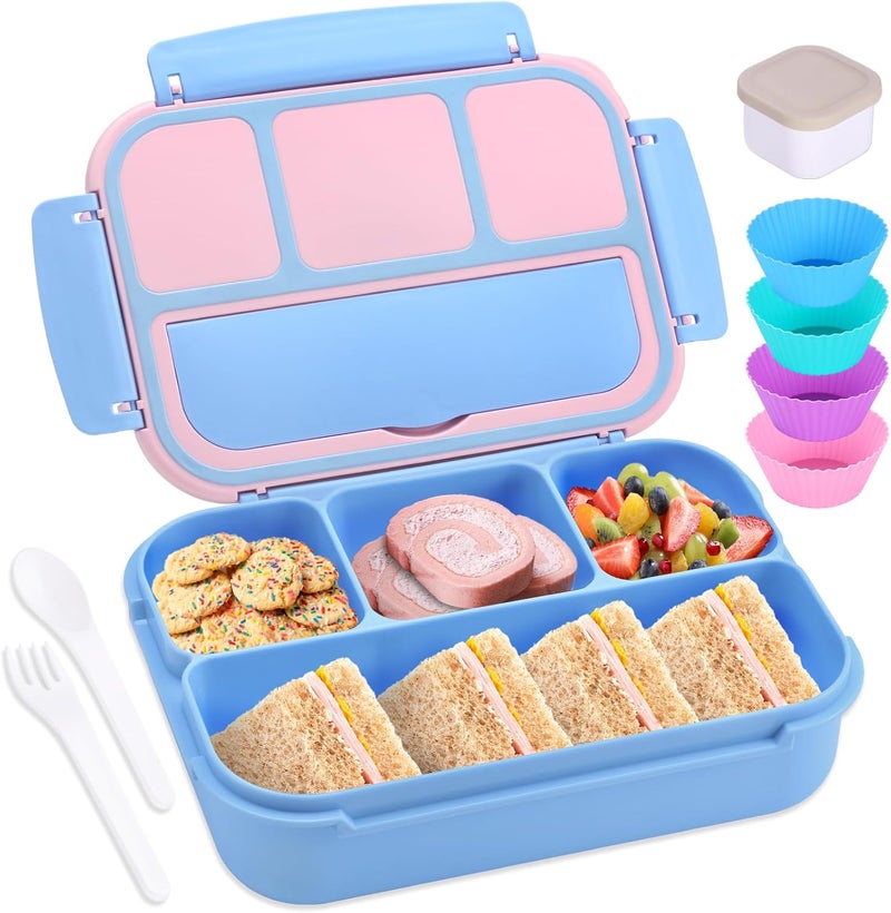 shell and turtle Bento Box Adult Lunch Box, Lunch Containers for Kids Girls Boys with 4 Compartments, Lunchable Food Container with Utensils, Sauce Jar, Muffin Liners, 40 Oz/5 Cup, Blue Pink - Image 1
